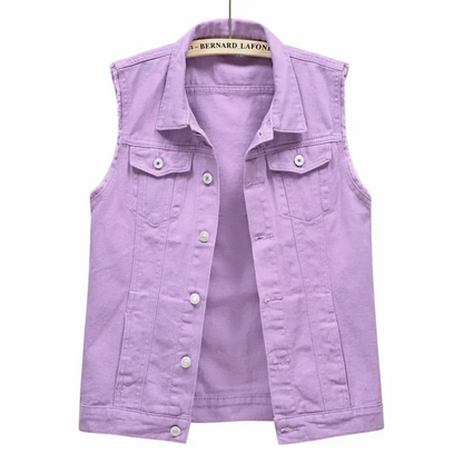 White denim vest, a clean and casual women's layering fashion statement.