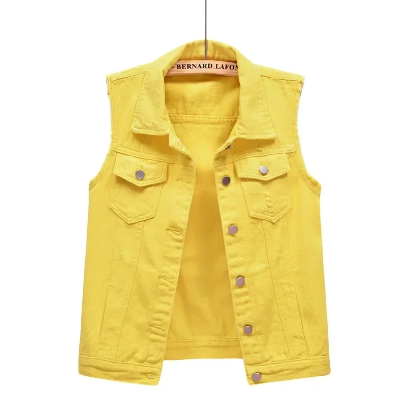 Statement denim vest for women, available in multiple bold colors like pink, black, red.