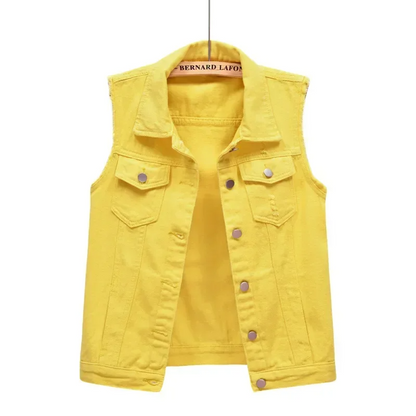 Statement denim vest for women, available in multiple bold colors like pink, black, red.