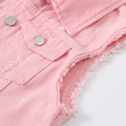 Stylish red denim vest, a colorful women's fashion piece for a bold look.
