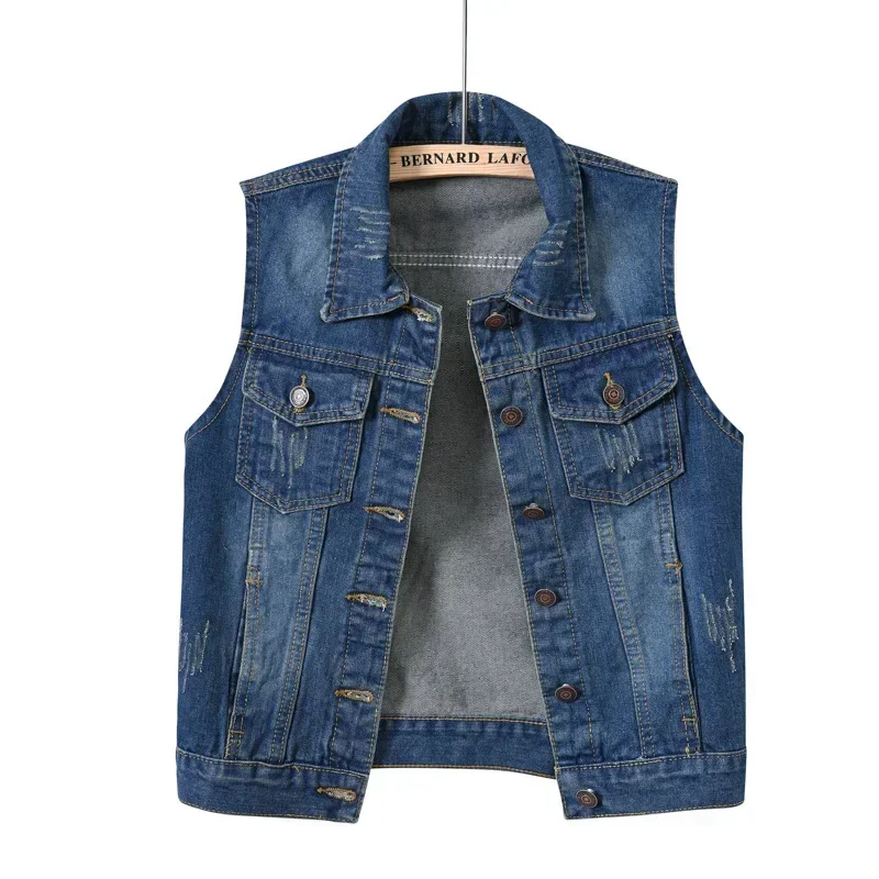 Classic blue denim vest for women, versatile and fashionable.