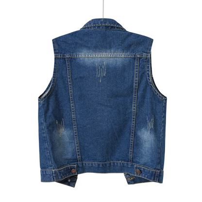 Bold colored denim vest for women, a statement piece for casual outfits.