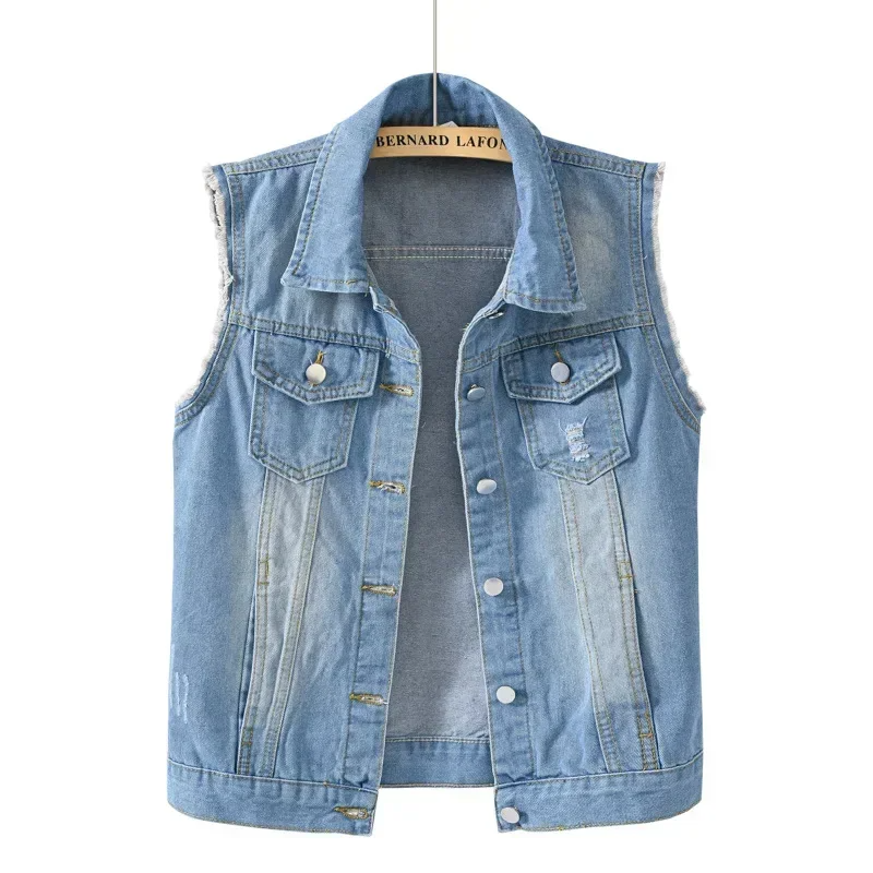 Fashionable women's denim vest, ideal for layering and edgy style.