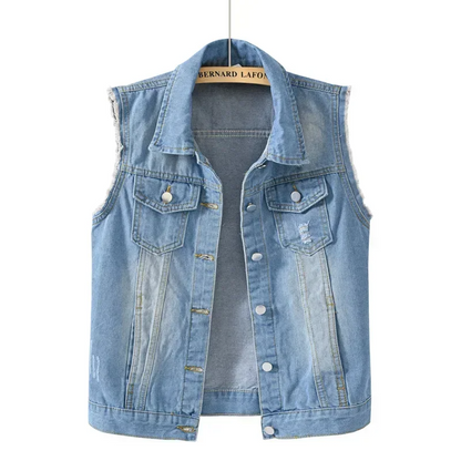 Fashionable women's denim vest, ideal for layering and edgy style.