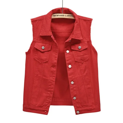 Colorful pink denim vest, women's outerwear with an effortless style statement.