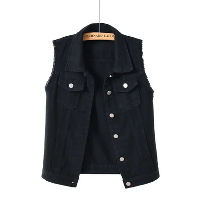 Women's black denim vest, a casual and edgy fashion layering piece.