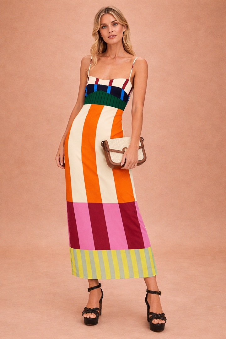 Women's bold striped bodycon midi dress with spaghetti straps, perfect for summer parties.