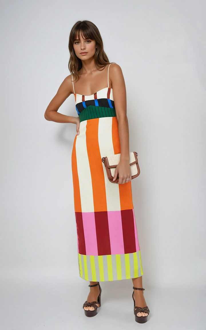 Trendy women's colourblock midi bodycon dress with spaghetti straps, a chic statement for evening wear.