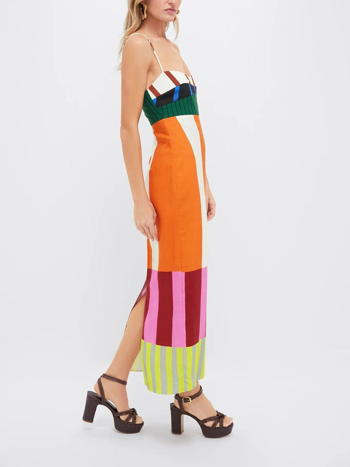 Elegant women's striped spaghetti strap midi dress. Modern bodycon fit suitable for evening or party wear.