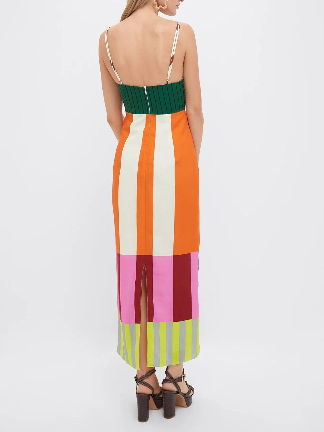 Statement women's midi bodycon dress, featuring vibrant bold stripes and slim spaghetti straps for summer.