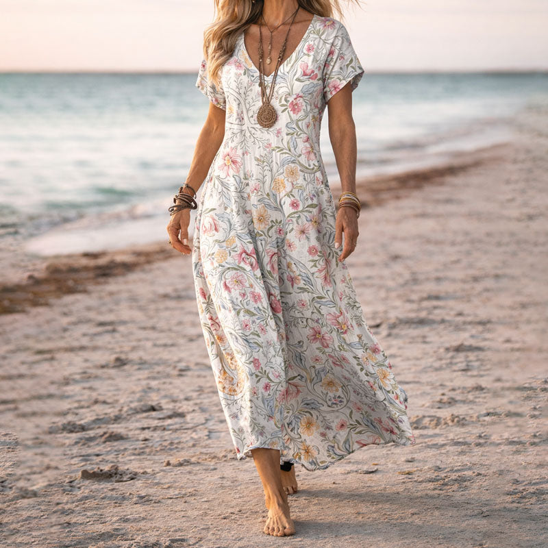 Women's botanical floral V-neck boho flowy maxi dress, perfect for summer beach parties and casual wear.