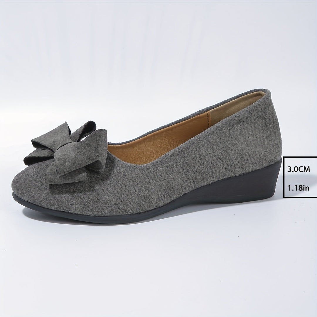 Gray women's work-appropriate wedge ballet flats, round toe, slip-on, with a bow.