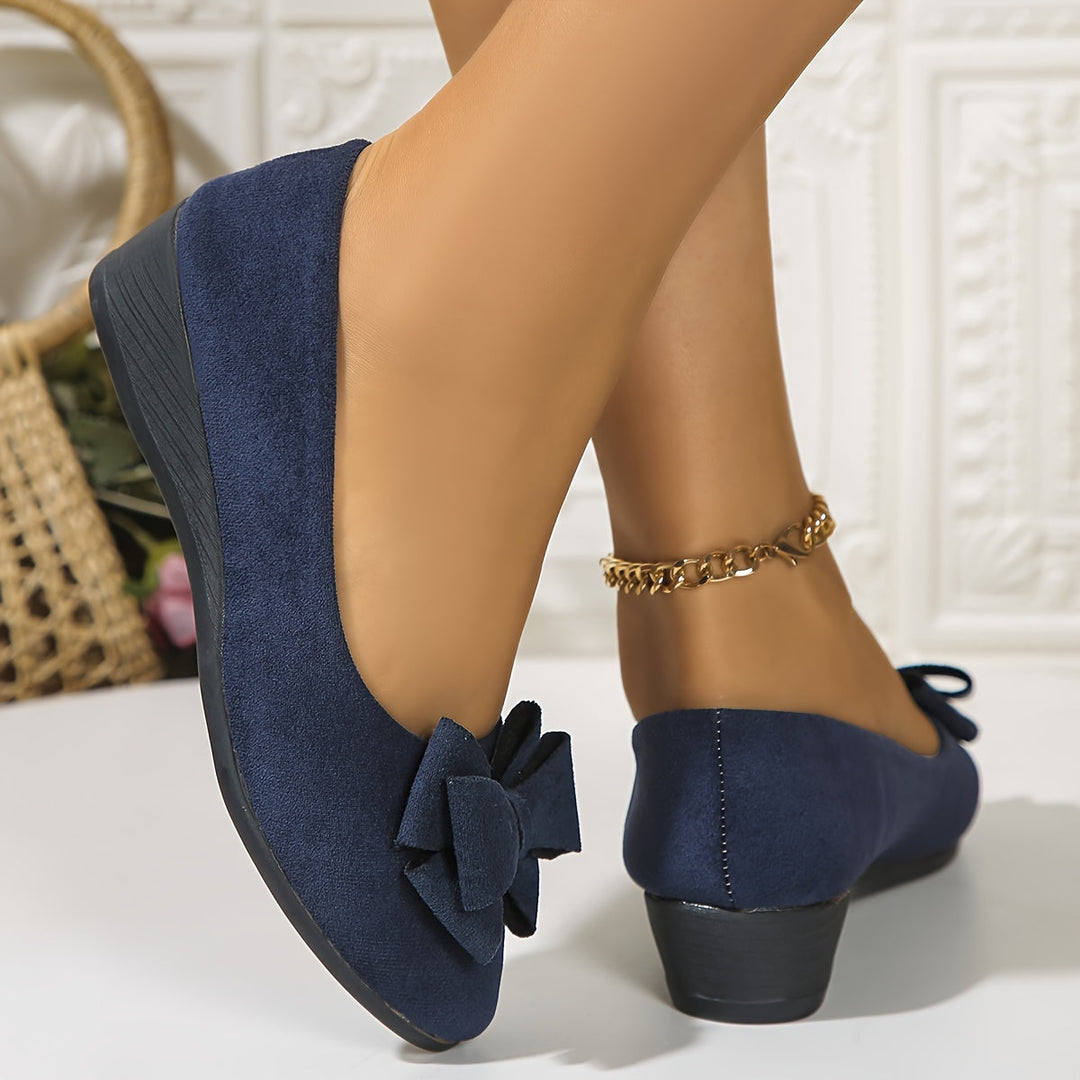 Nude women's casual wedge ballet flats, round toe, bow accent, for comfortable daily wear.