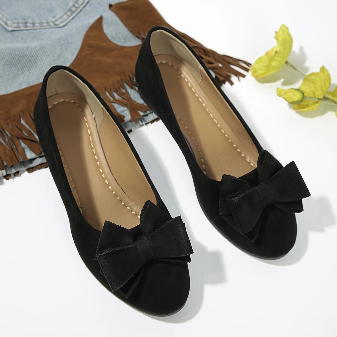 Comfortable gray women's slip-on wedge ballet flats, round toe, bow detail for everyday.