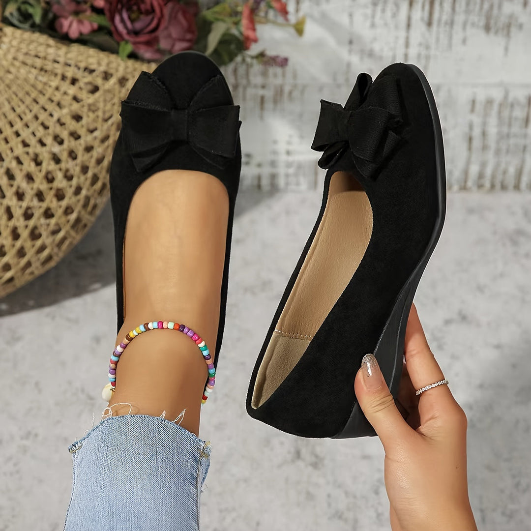 Nude comfortable women's bow detail wedge ballet flats, round toe, for daily wear.