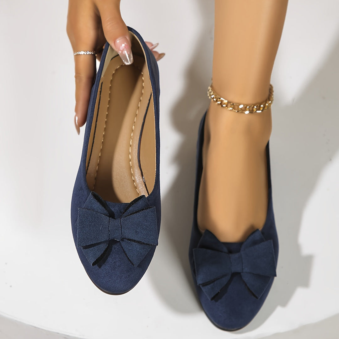Navy casual women's ballet flats, wedge heel, round toe, featuring a charming bow.
