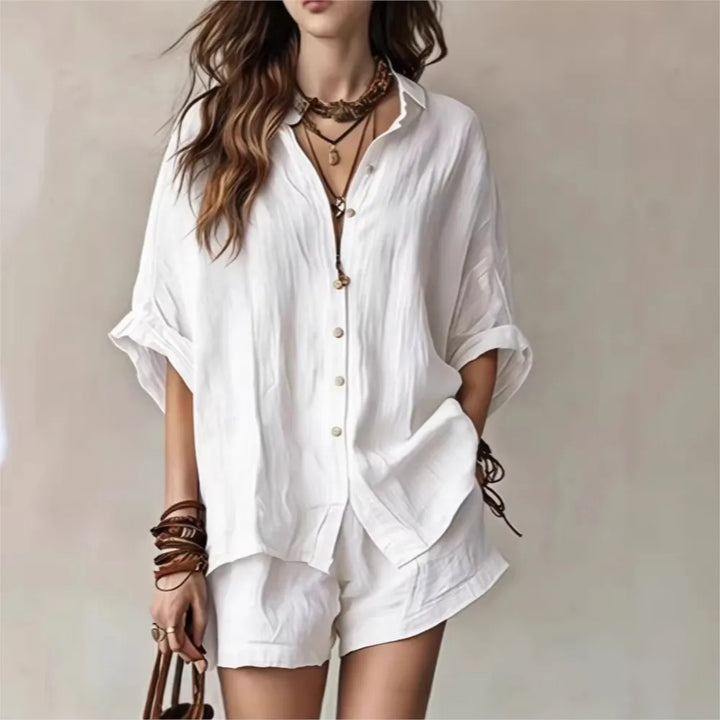 Casual women's matching shorts and top set, a comfortable two-piece outfit for relaxed summer days.