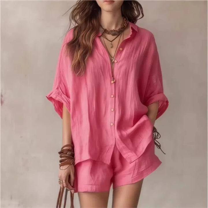Soft fabric women's lounge set; a comfortable, breathable 2-piece outfit for casual wear and relaxation.