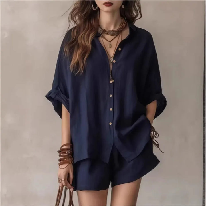 Relaxed fit women's casual lounge shorts set, a breathable two-piece outfit ideal for everyday comfort.