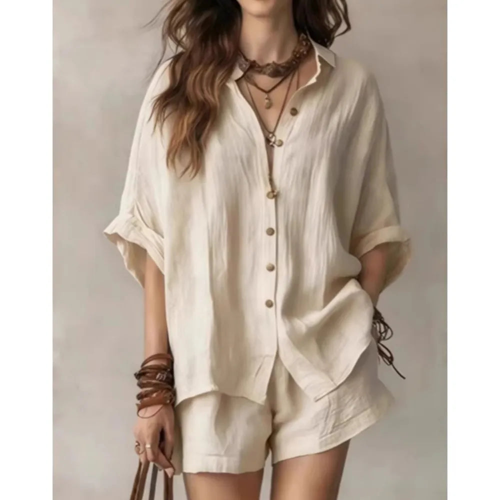 Comfortable women's breathable lounge set, a chic two-piece outfit for warm weather and casual style.