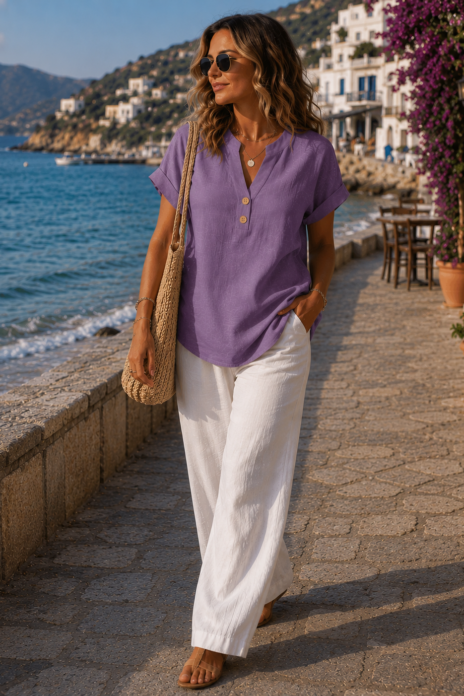 Effortless women's summer button-up blouse, breathable long sleeve design for comfy casual or office wear.