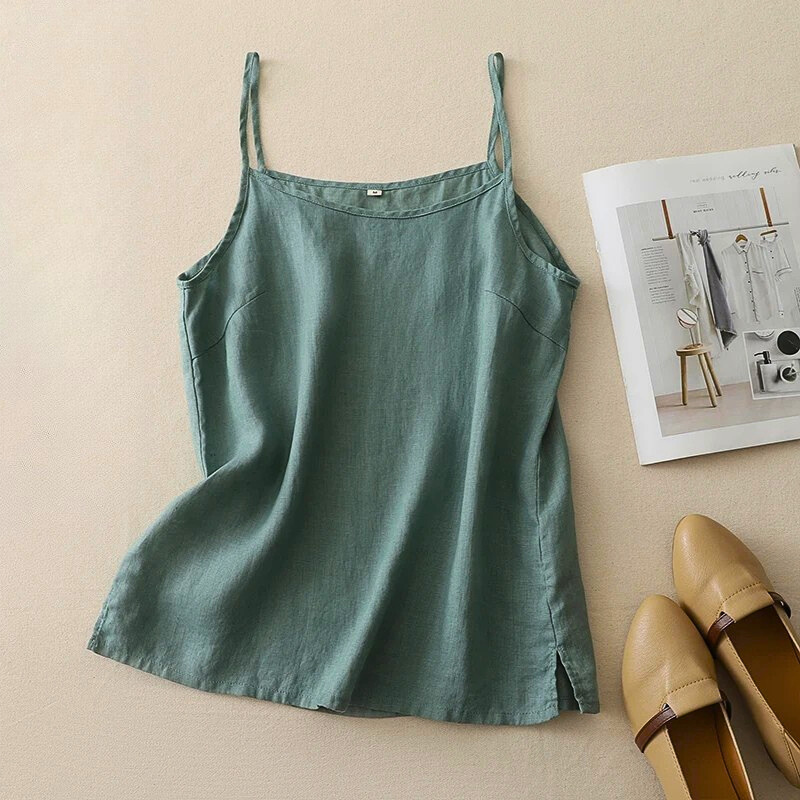 Lightweight sleeveless women's cami tank top in a natural linen-cotton blend, ideal for warm weather.