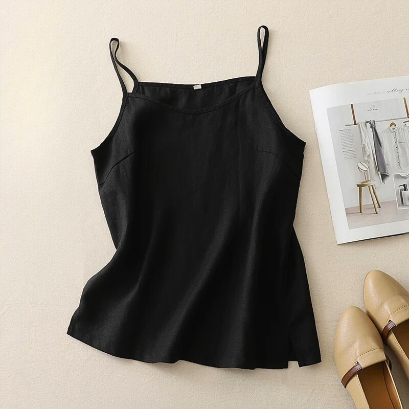 Soft, natural cotton-linen blend cami tank for women. Breathable sleeveless top for everyday summer style.