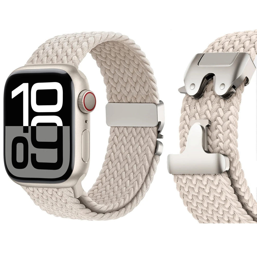Sporty women's breathable elastic smartwatch band, sweat-resistant for workouts and active wear.