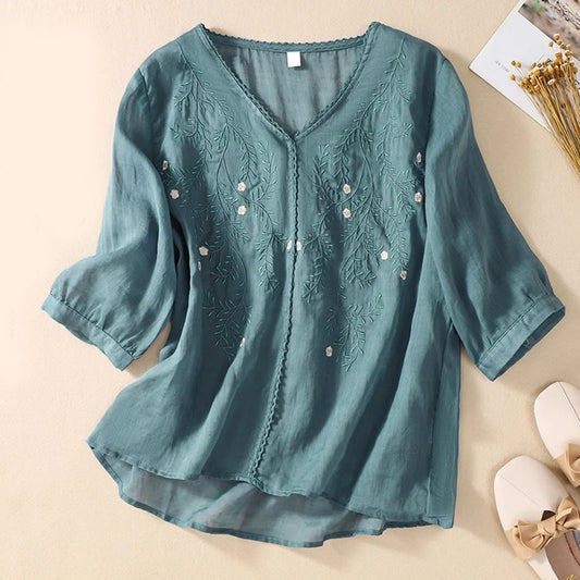 Women's breathable embroidered shirt, a flowy blouse with artistic detail for summer casual elegance.