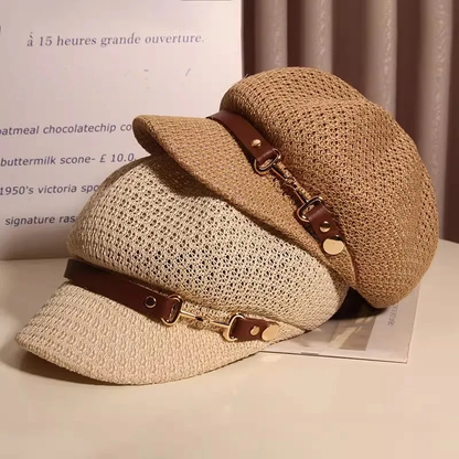 Women's breathable knitted sun hat for summer, ideal for beach or vacation wear. Lightweight fashion accessory.