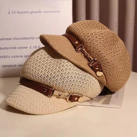 Women's breathable knitted sun hat for summer, ideal for beach or vacation wear. Lightweight fashion accessory.