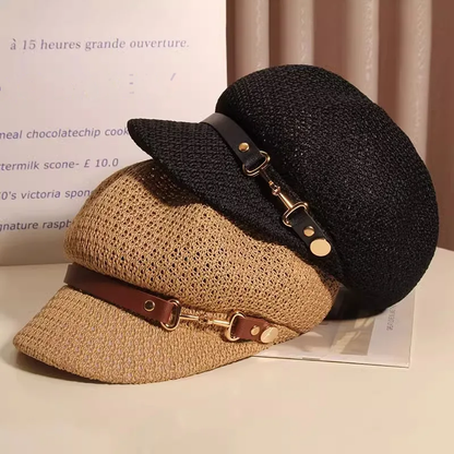 Stylish women's knitted sun hat, perfect for summer beach days. Breathable and lightweight boho chic accessory.