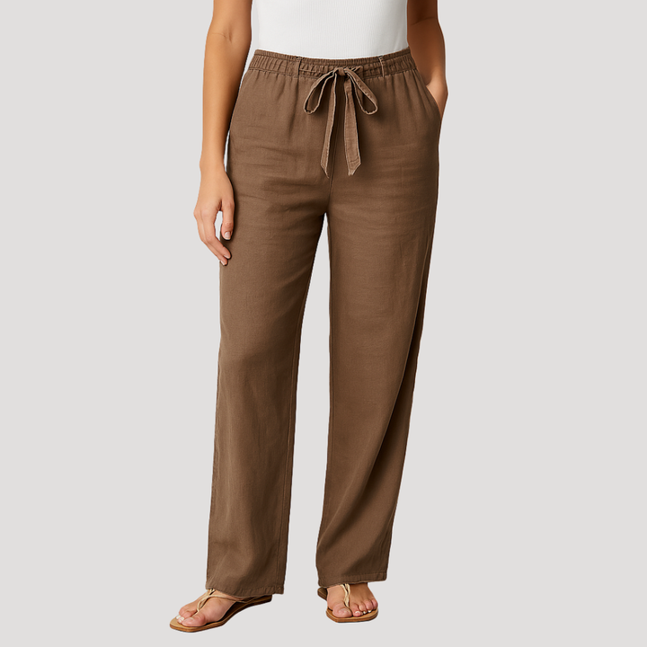 Relaxed fit women's linen blend straight leg drawstring pants, perfect for breathable summer fashion.