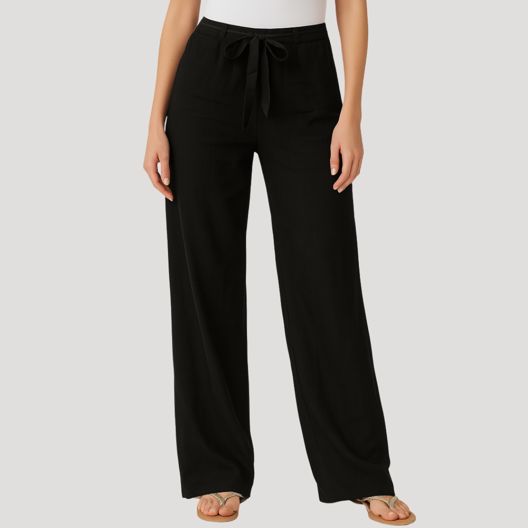 Women's straight leg linen blend trousers with drawstring waist, ideal for breathable summer casual outfits.
