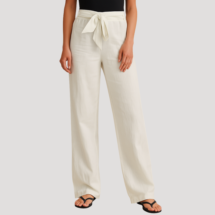Comfortable women's breathable linen-cotton blend straight leg drawstring pants for summer fashion.