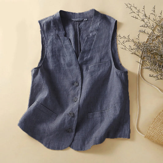 Women's breathable linen blend vest top in beige, perfect for summer fashion and chic casual layering.