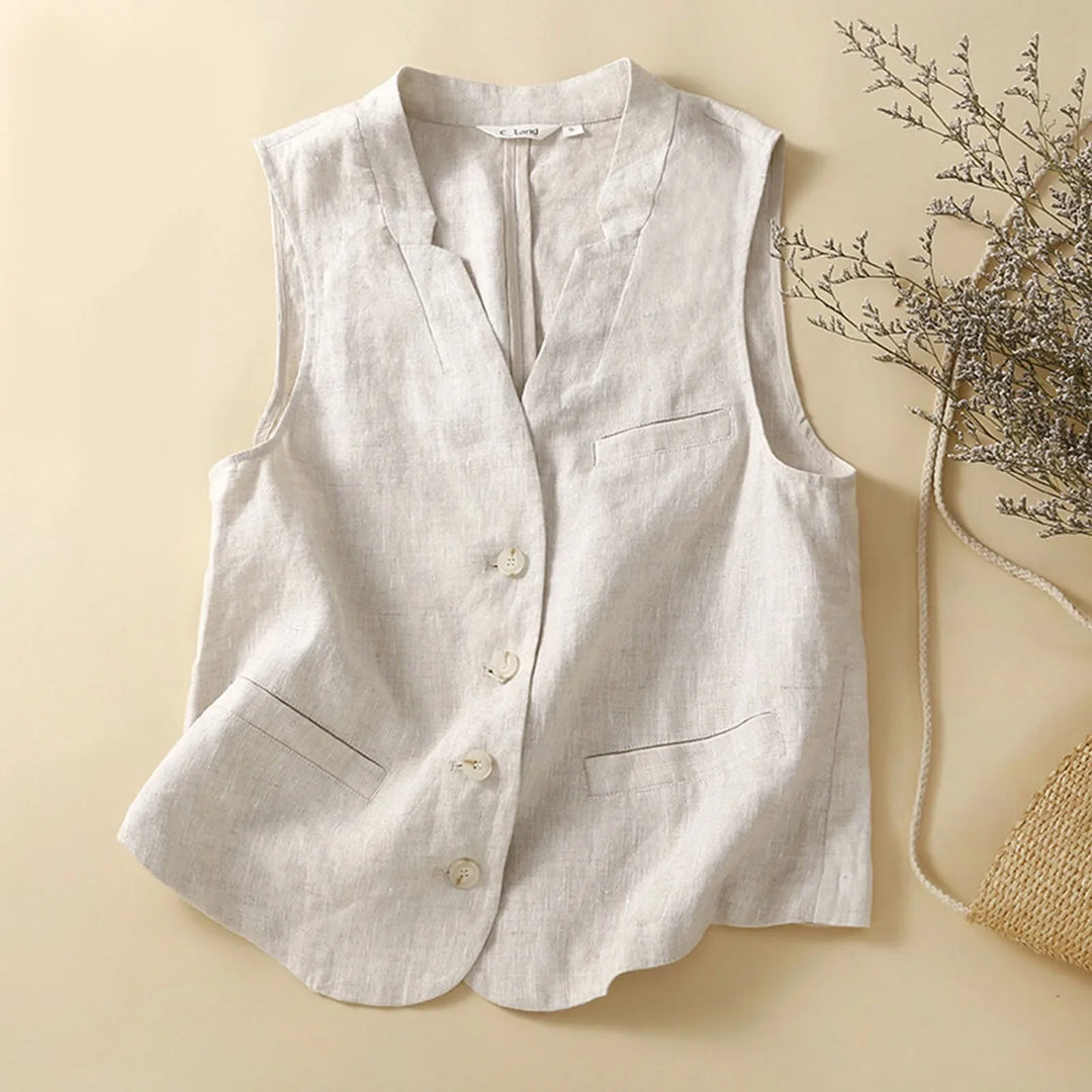 Navy linen blend sleeveless top for women, a breathable and elegant piece for casual summer layering.