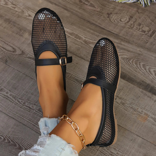 Women's breathable mesh Mary Jane flats for everyday comfort. Slip-on casual spring/summer shoes.
