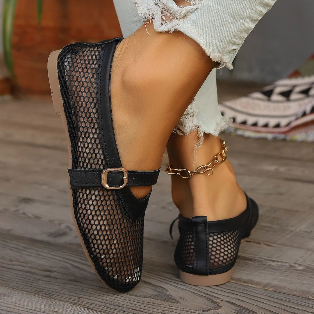 Womens breathable mesh Mary Jane flats; comfortable slip-on footwear for casual everyday and travel.