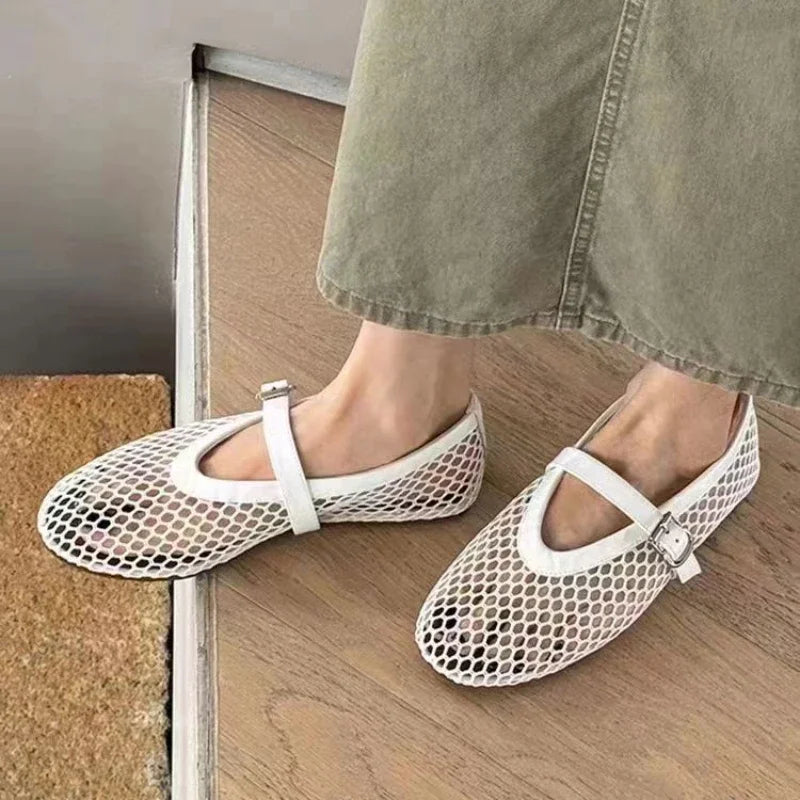 Comfortable womens breathable mesh Mary Jane flats with buckle; perfect casual slip-on travel footwear.