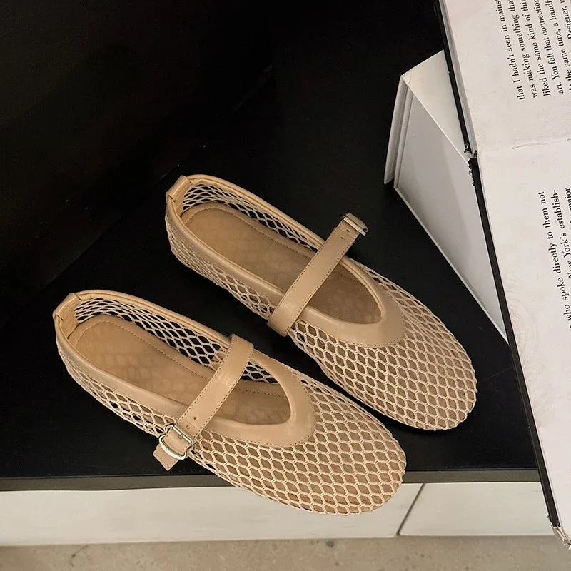 Women's comfort mesh Mary Jane flats with adjustable buckle; breathable slip-on footwear for spring/summer.