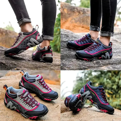 Close-up of women's athletic hiking shoes, showing breathable mesh and durable sole