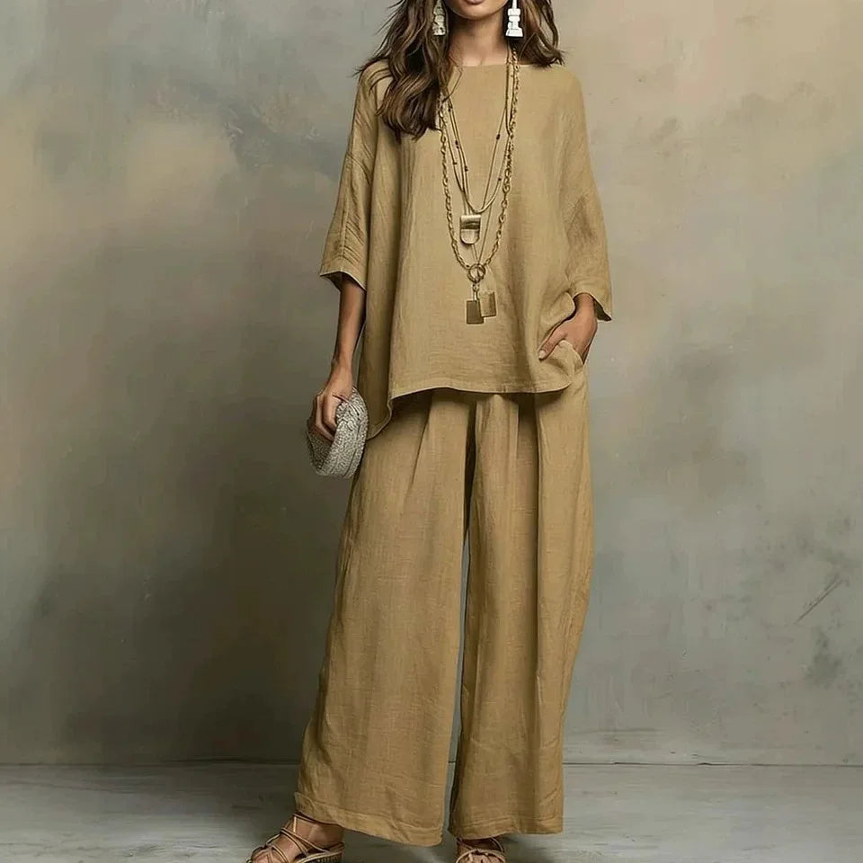 Women's breathable wide leg pant set, perfect for relaxed casual wear, summer, and travel comfort.