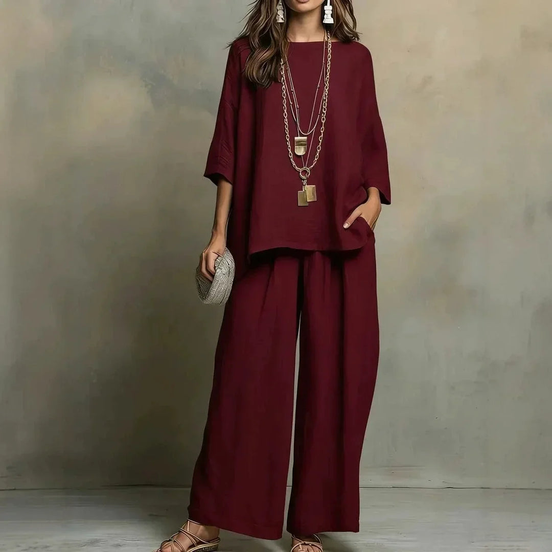 Relaxed fit women's comfort pant set with breathable fabric & wide leg style for ultimate casual summer wear.