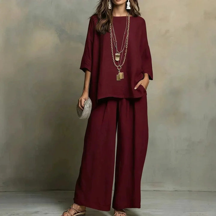 Relaxed fit women's comfort pant set with breathable fabric & wide leg style for ultimate casual summer wear.