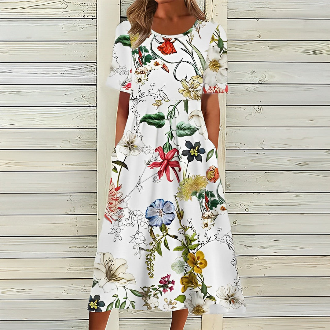 Women's breezy floral print midi dress. Elegant casual day dress, perfect for summer, spring, vacation wear, comfortable fit.