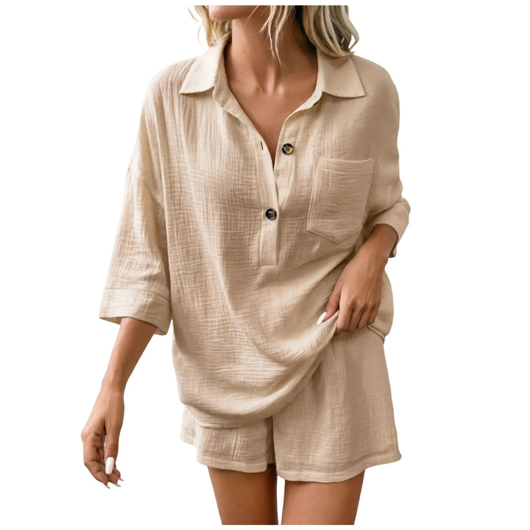 Women's breezy relaxed fit shorts set, perfect two-piece summer outfit for casual wear or beach vacation comfort.