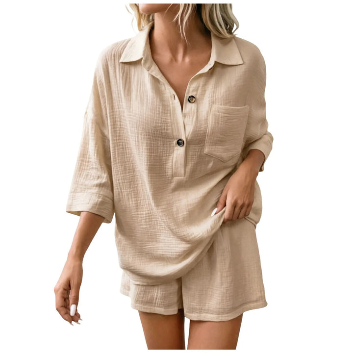 Women's breezy relaxed fit shorts set, perfect two-piece summer outfit for casual wear or beach vacation comfort.