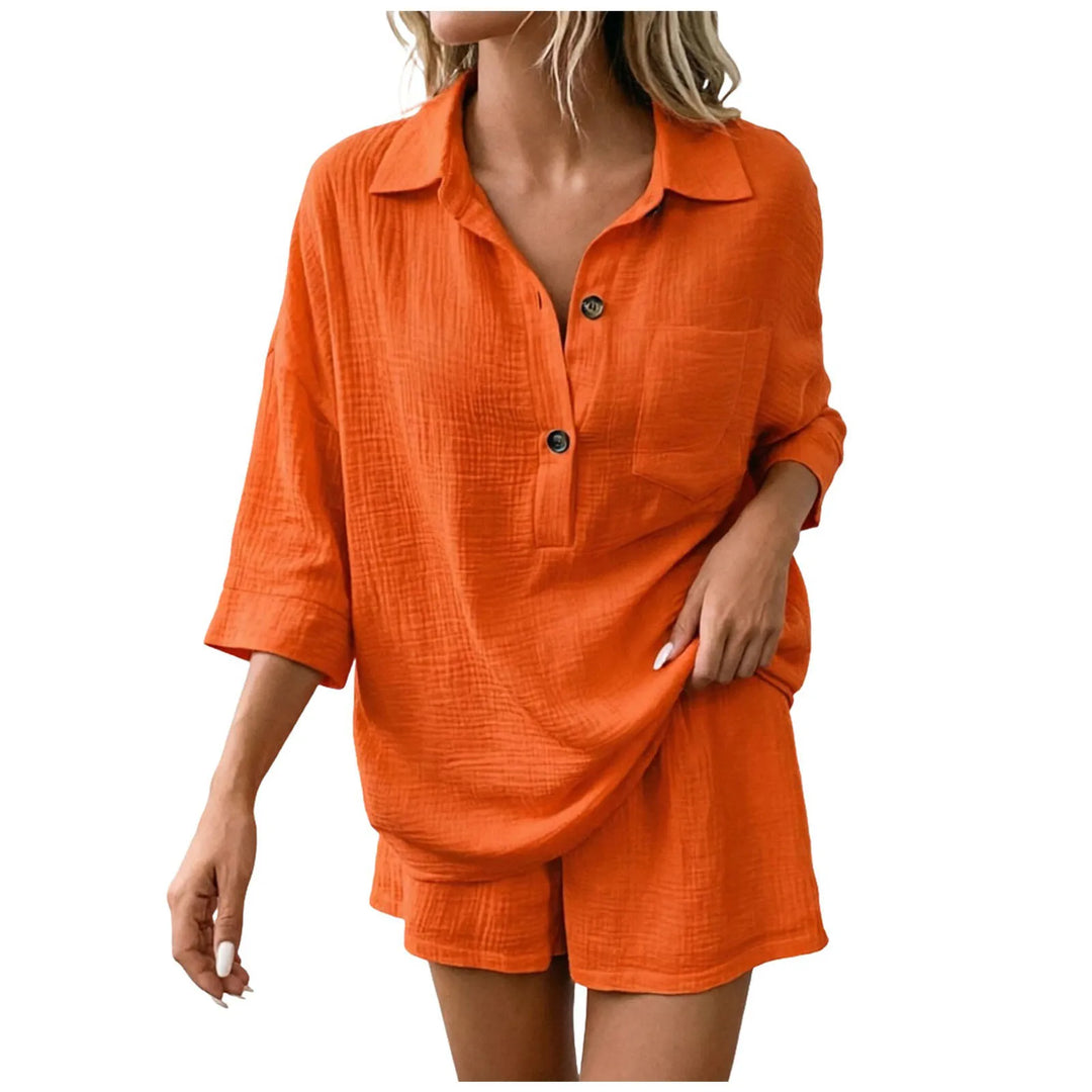 Breezy women's relaxed fit collared top and drawstring shorts set, a stylish two-piece for summer beachwear & casual outings.