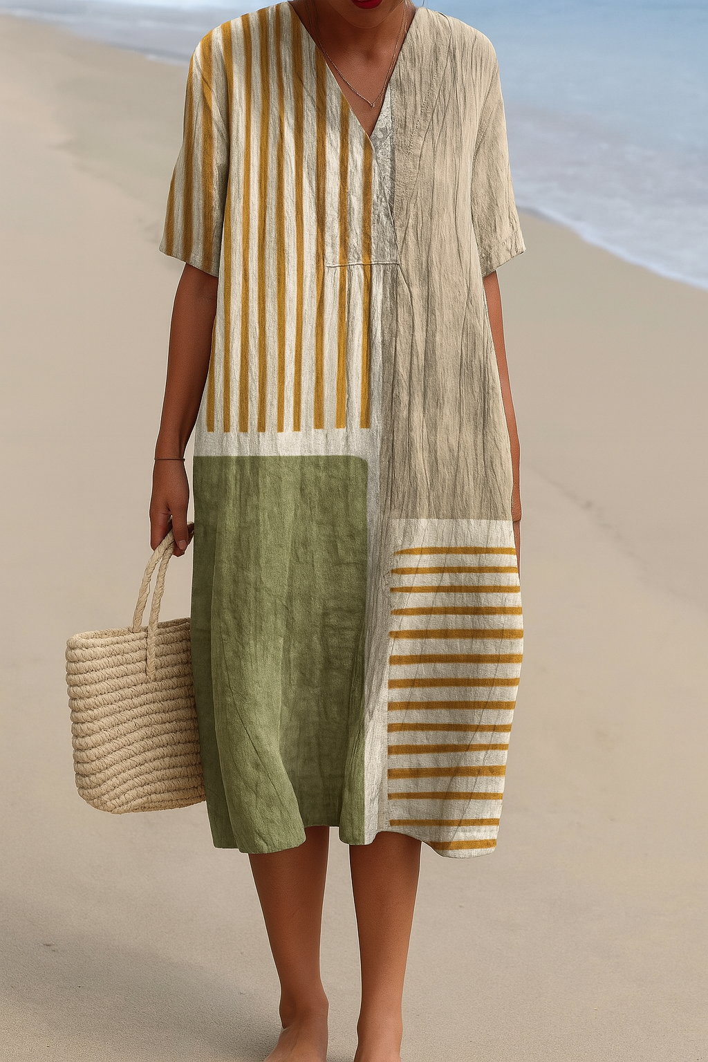 Women's breezy striped V-neck summer dress, comfortable and flowy, perfect for vacation or casual everyday style. On sale.